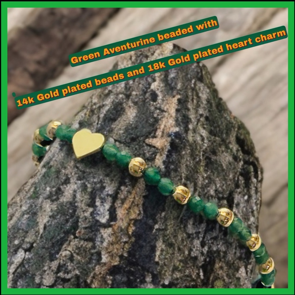Green Aventurine crystal beads w/ 14K gold plated Beads & 18K plated heart